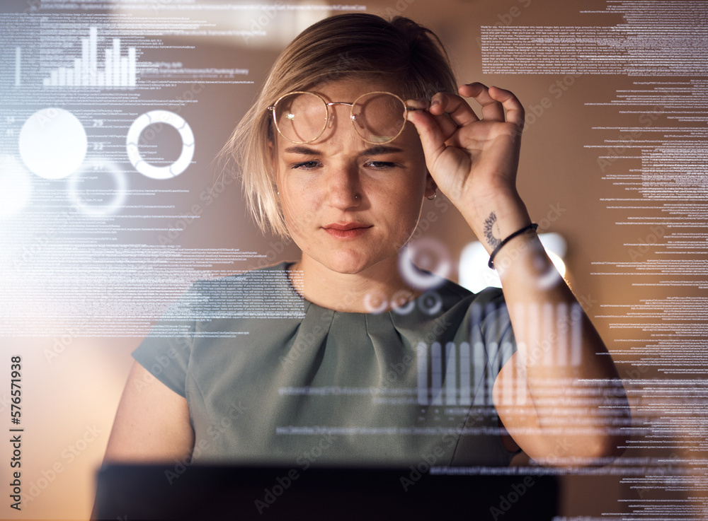 Poster Laptop, coding or abstract for business woman, confused worker or curious web designer in night office. Programmer, technology or 3d code in dark company for cybersecurity, software or data analytics