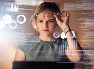 Laptop, coding or abstract for business woman, confused worker or curious web designer in night...