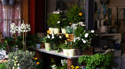 Small local flower shop in France. Local flower shop with beautiful outside display. Small...