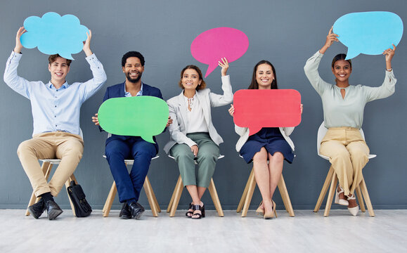 Social media, chat and portrait of business people with a speech bubble for contact, news and review. Happy, mockup and excited employees showing blank boards for communication information space - Powered by Adobe