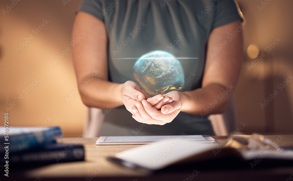 Aufkleber globe hologram, international data and tablet with woman holding a digital earth illustration. night