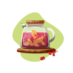 Glass teapot with berry drink. Compote in a jug.