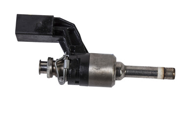Close-up on a car fuel injector for supplying gasoline to cylinder engine on a white isolated background. Spare parts catalog.