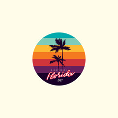 Vintage round sunset in the style of the 80s. Vector background. A design element.