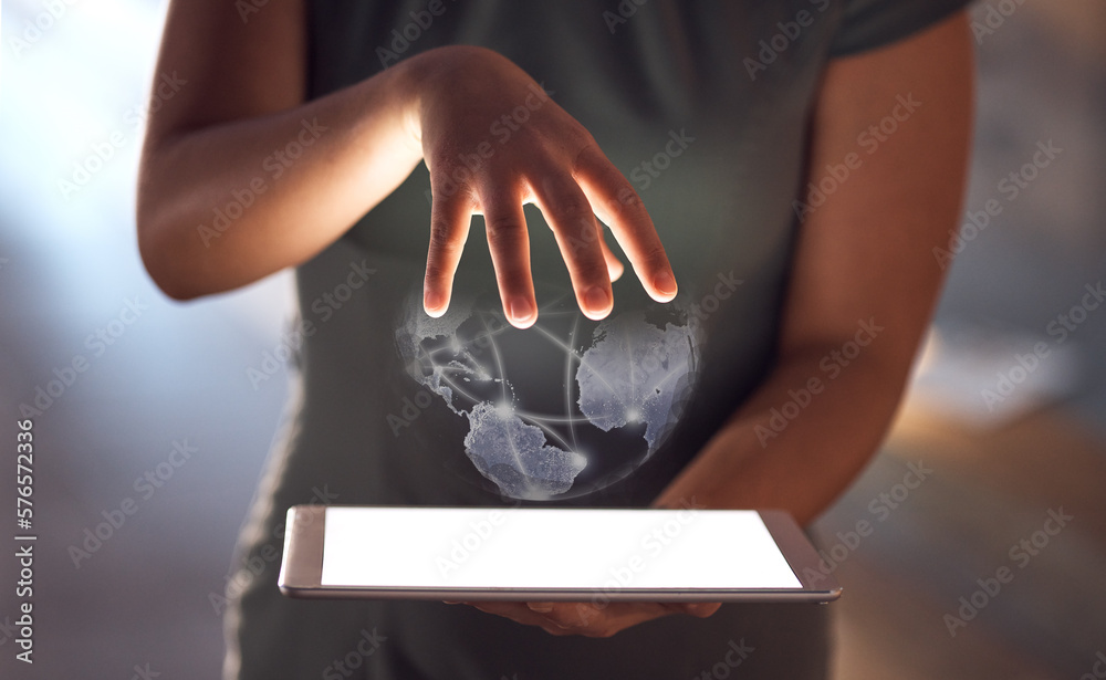 Aufkleber Globe abstract, hands or tablet screen for woman with global networking mockup, digital transformation app or cyber software. Zoom, futuristic or 3d world on technology for worldwide night business