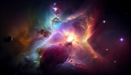 Obraz na płótnie Canvas a stunning nebula in space, with bright and vibrant colors dominating the scene, surrounded by a dark and infinite space background, which further accentuates the colors and details of the nebula.