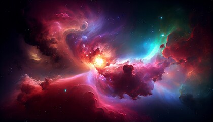 Fototapeta na wymiar a stunning nebula in space, with bright and vibrant colors dominating the scene, surrounded by a dark and infinite space background, which further accentuates the colors and details of the nebula.