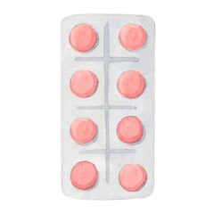 Blister with red pills of round shape. Watercolor illustration. Vitamins in capsules. A cure for the virus. Treating illness. For health care ads posters, treatment cold, flu
