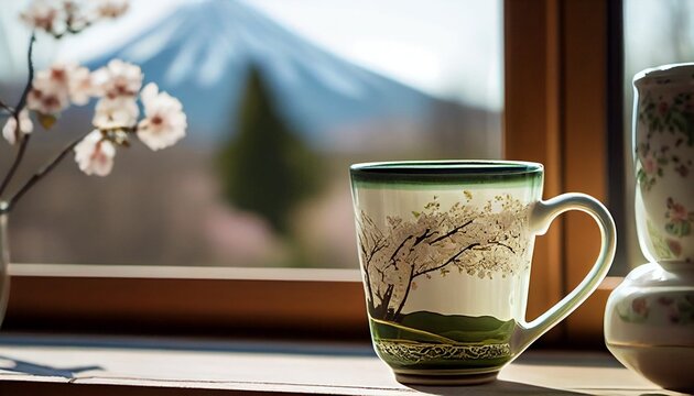A cup of Green Tea on the teable by window with Fuji Mountain View Realaxing 