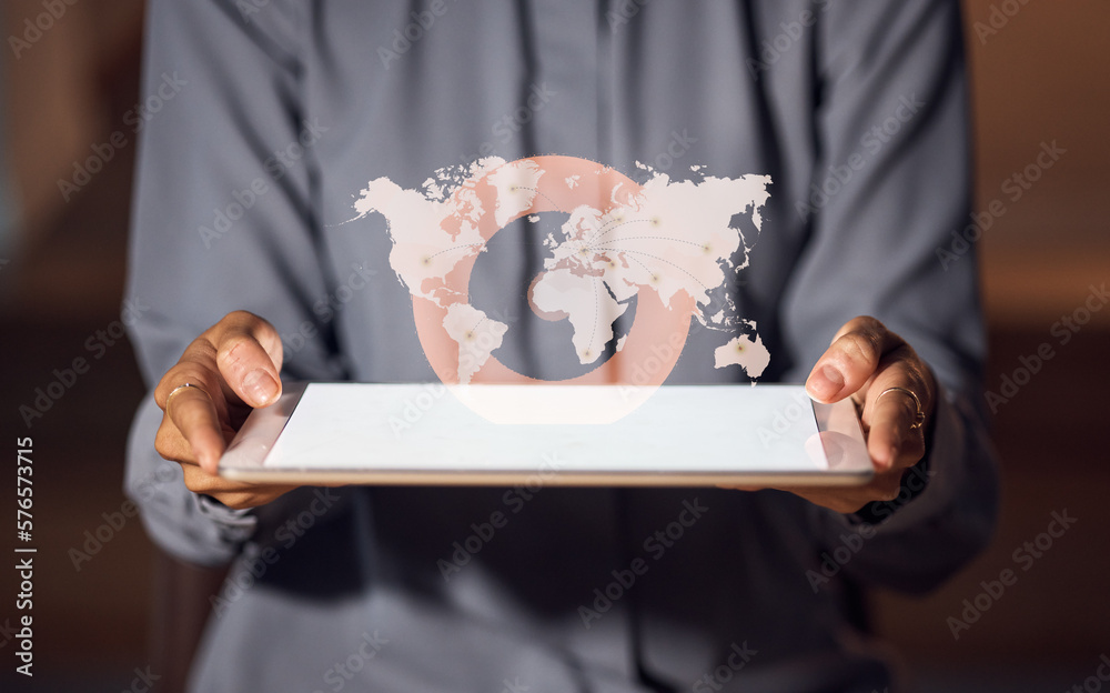 Poster global, network and tablet with hands of woman in office and hologram for digital, internet and conn