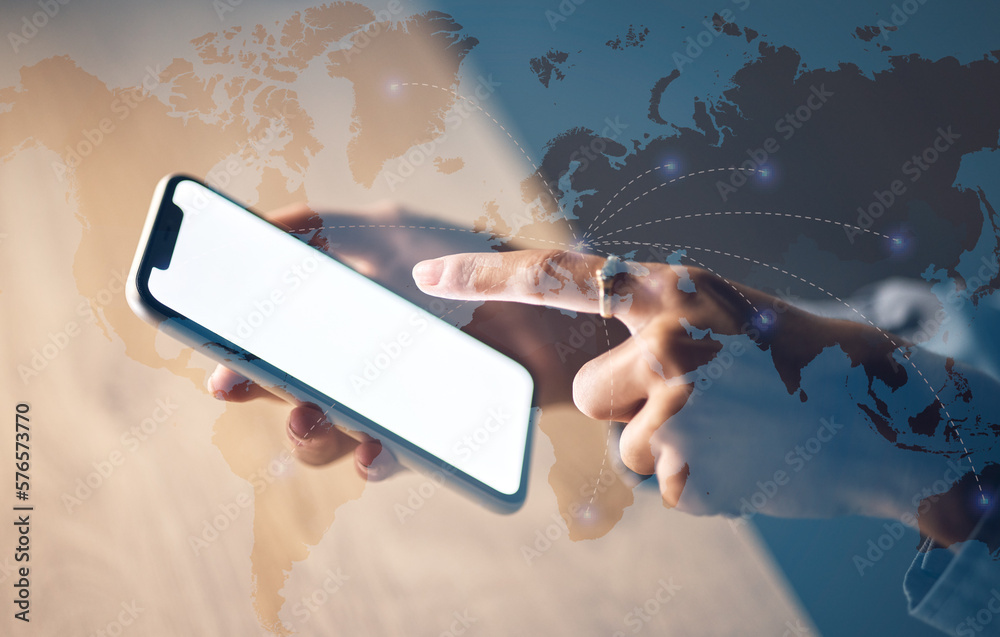 Leinwandbilder globe abstract, hands and phone screen for global networking mockup, digital transformation app or w