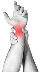 Arm aching holding by another hand isolated on white