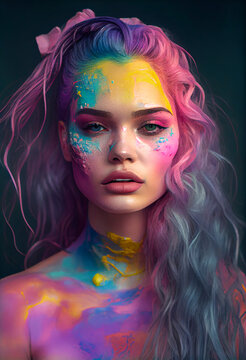 A colorful portrait of a beautiful young girl who has a face with modern, urban make-up and the whole face painted in vivid colorful paint. Illustration, Generative AI.