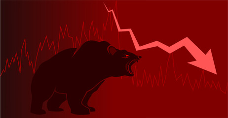 Bear or bearish market trend in crypto currency or stocks. Trade exchange background, down arrow graph for decrease in rates. Cryptocurrency price chart  blockchain technology. Global economy crash.