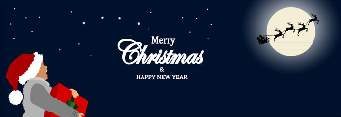 Christmas and Happy New Year greeting card background. banner illustration with a kid holding gift and flaying santa sleigh.