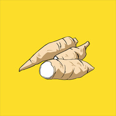 Cassava Vector Illustration with Slice , Cartoon,logo on yellow Background