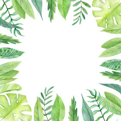 Hand Drawn Green Watercolor Frame of Cute Tropical Leaves
