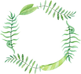 Hand Drawn Green Watercolor Wreath of Cute Tropical Leves