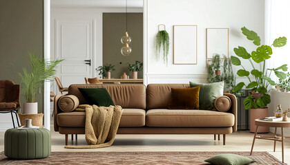 Bright modern living room with brown sofa. Scandinavian style, cozy interior background. Bright stylish room, wall art mockup. Generative AI