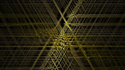 Illustration of a dark background with golden 3D lattice patterns with effects