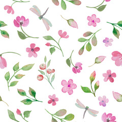 Watercolor floral seamless pattern with painted pink flowers, leaves, branches, berries . Hand drawing  illustration isolated on white background. Vector EPS.