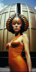 fashion model with space plume helmet