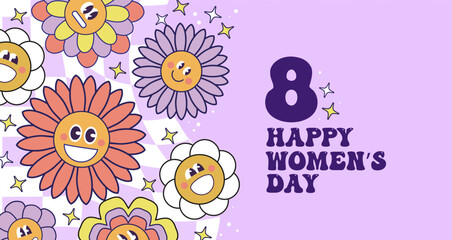 Seventies retro Flower Power background with hippie flowers. International Womens day. 8th March Day. Mothers day. Colorful pastel illustration in 70s 60s vintage style.
