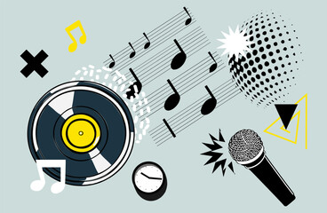 Obraz premium Music art. Disco party, vinyl disc, disco background. Zine culture style template, fashion contemporary collage