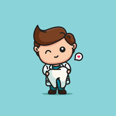 Cute male dentist hugging teeth with love wingking face cartoon character illustration healthy care icon
