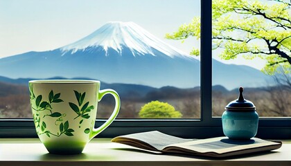 A cup of tea in the morning by the mountains relaxing view Generative AI