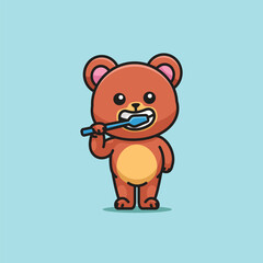 Cute cartoon honey bear brushing his teeth animal vector illustration animal healthy icon