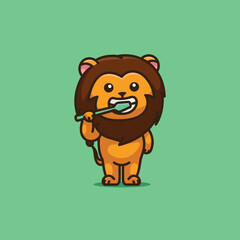 Cute cartoon lion brushing his teeth animal vector illustration animal healthy icon