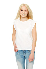 Obraz premium A female model from Australia with a casual outfit or fashion clothes with a cosmetic, makeup or natural face routine isolated on a png background.