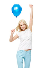 A Winner model or a smiling young blonde woman holding a blue balloon in the air as a winning gesture at a party, event, success, or motivation isolated on a png background.