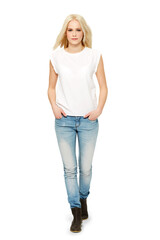 Fototapeta premium A confident young beauty model with a feminine or elegant looking blonde girl using cosmetics on a natural smiling face isolated on a png background.