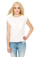 Fototapeta premium An elegant confident beauty or fashion model with a natural smile or happiness on her face after using cosmetics of blonde and isolated on a png background.