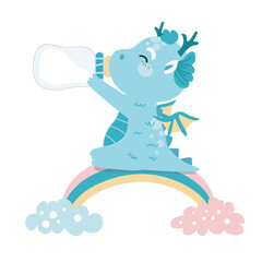 Cute and kawaii baby dragon drinking milk on white background for kids fashion artworks, children books, birthday invitations, greeting cards, posters. Fantasy cartoon vector illustration.