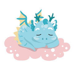 Cute and kawaii baby dragon sleeping on the cloud on white background for kids fashion artworks, children books, birthday invitations, greeting cards, posters. Fantasy cartoon vector illustration. 