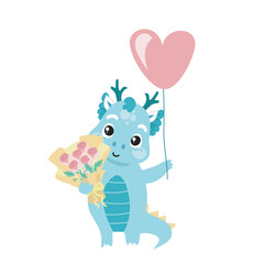 Cute and kawaii baby dragon holding a bouquet of flower on white background for kids fashion artworks, children books, birthday invitations, greeting cards, posters. Fantasy cartoon vector.