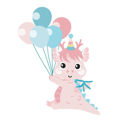 Cute and kawaii baby dragon holding balloons on white background for kids fashion artworks, children books, birthday invitations, greeting cards, posters. Fantasy cartoon vector illustration. Vector f