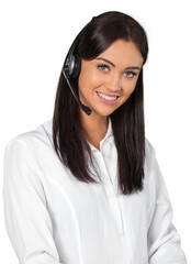 Friendly Woman Talking on Headset - Isolated