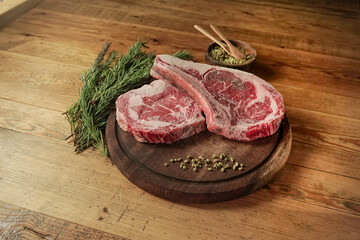 Meat on the butcher counter. Steak, entrecote, veal chop (bonfile, bonfile lokum, dana pirzola)                 - obrazy, fototapety, plakaty