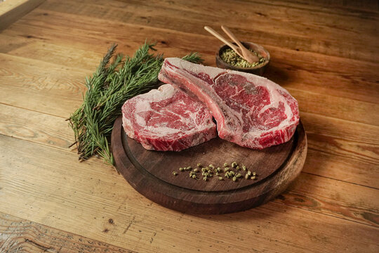 Meat on the butcher counter. Steak, entrecote, veal chop (bonfile, bonfile lokum, dana pirzola)                