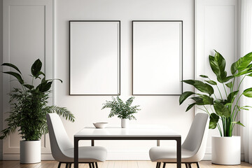 Two Vertical frame mockup with a great decor, plants....,For Dining room,restaurant.,home interior,room decor. On a white wall background. Generative AI	