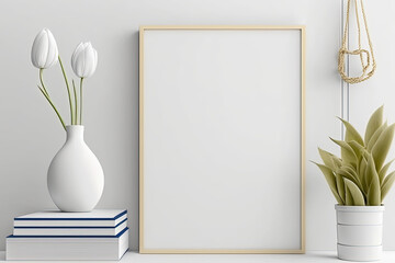 Vertical frame mockup with a great decor, plants....For home interior,room decor. On a white wall background. Generative AI