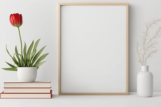 Vertical frame mockup with a great decor, plants....For home interior,room decor. On a white wall background. "Generative Ai" 