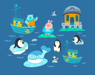 Cute isolated set of animals and objects at sea. Bear on ship, bunny by house, penguins, seagull on ice, stone. Cartoon characters for design. Vector illustration.