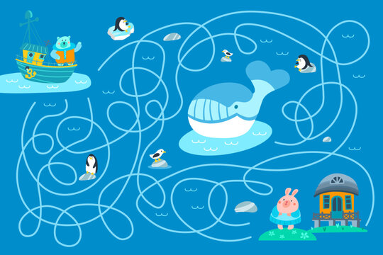 Maze with sea animals, bear on ship, penguins, whale. Help bear find bunny house. Activity for children. Puzzle game for kids. Vector illustration. 