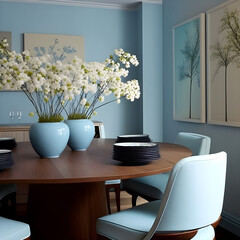  dining room interior design with blue wall.