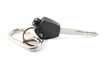 Black motorcycle keys with keychain isolated on white background with copy space and clipping path.
